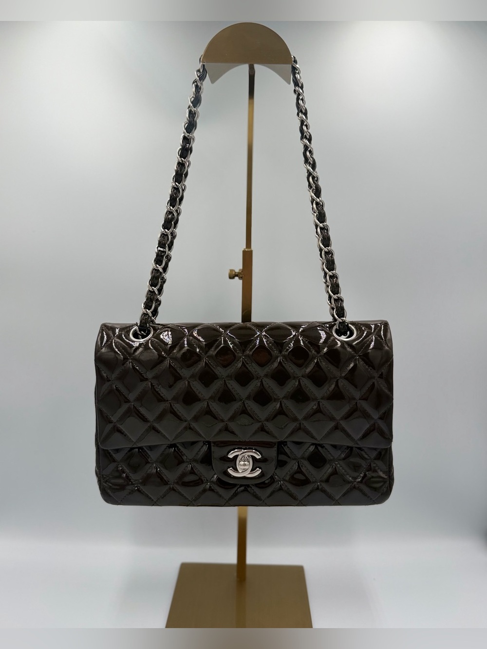 Chanel Classic Medium Double Flap Dark Brown Patent Silver HW